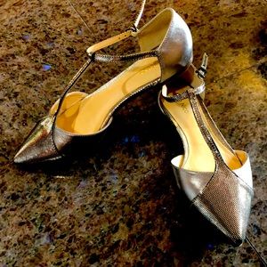 Gold and bronze dressy t-strap flats